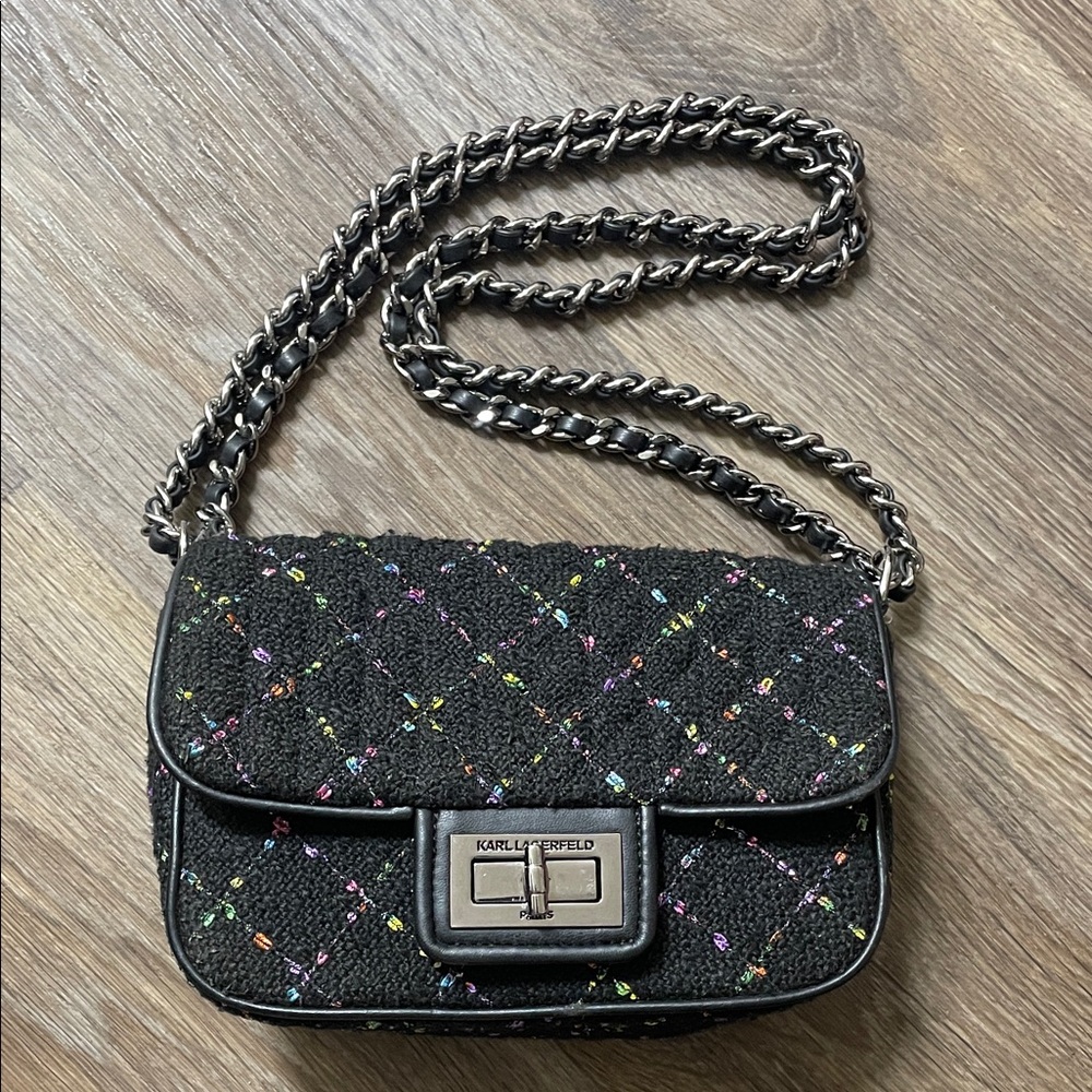 Karl Lagerfeld Black Quilted Crossbody Bag with Colorful Accents